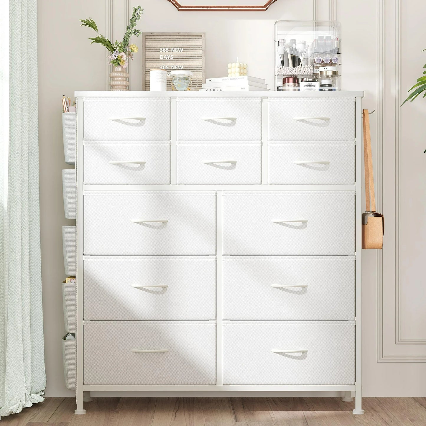 ENYOPRO 12 Drawers Fabric Dresser with Side Pockets and Hooks, Clothes Cabinet Storage Organizers, Fabric Dresser of Drawers with Steel Frame and Wooden Top for Bedroom, Living Room, Hallway, White