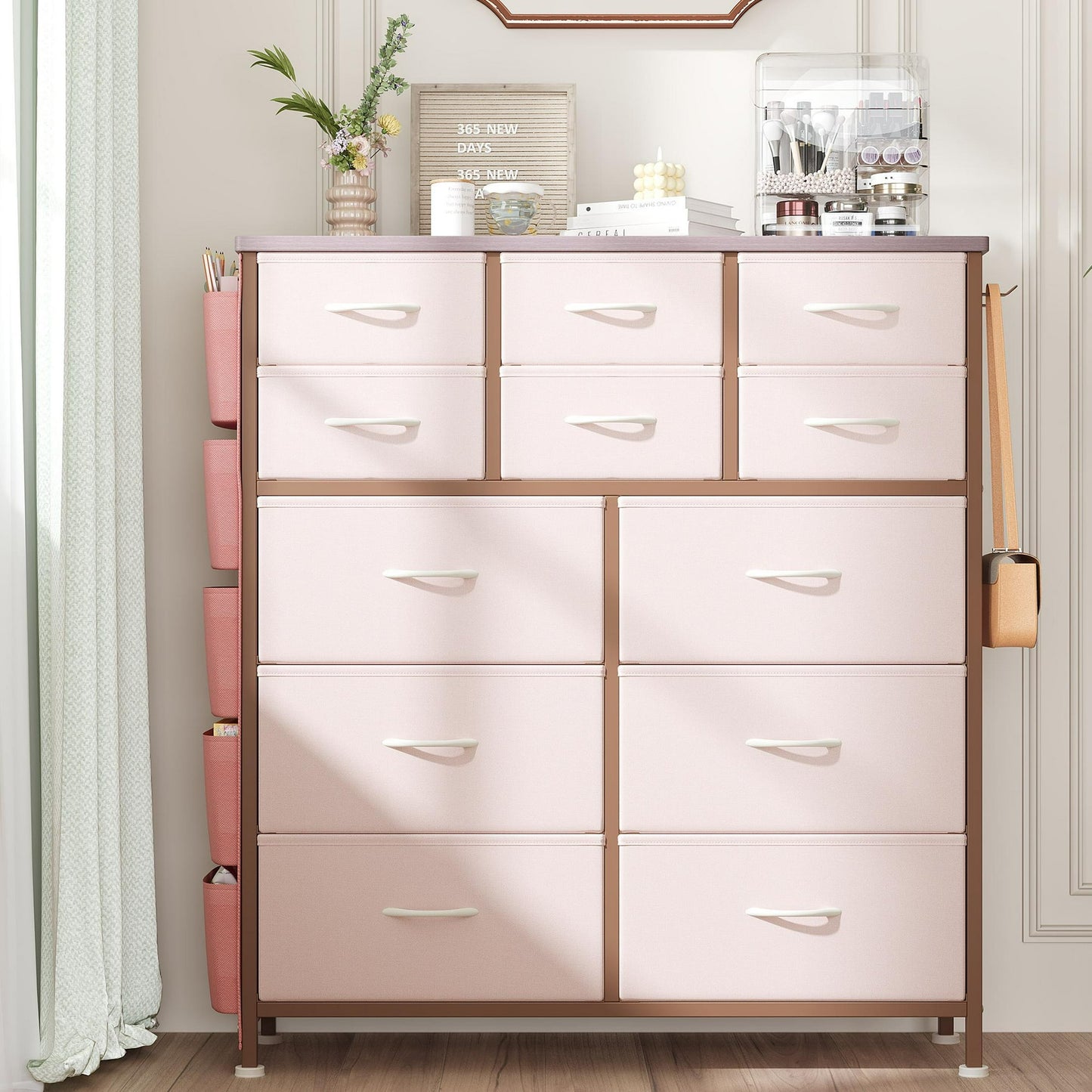 ENYOPRO 12 Drawers Fabric Dresser with Side Pockets and Hooks, Clothes Cabinet Storage Organizers, Fabric Dresser of Drawers with Steel Frame and Wooden Top for Bedroom, Living Room, Hallway, White