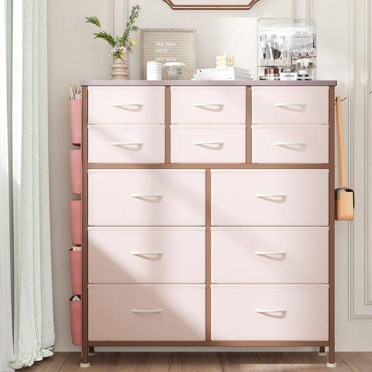 ENYOPRO 12 Drawers Fabric Dresser with Side Pockets and Hooks, Clothes Cabinet Storage Organizers, Fabric Dresser of Drawers with Steel Frame and Wooden Top for Bedroom, Living Room, Hallway, White