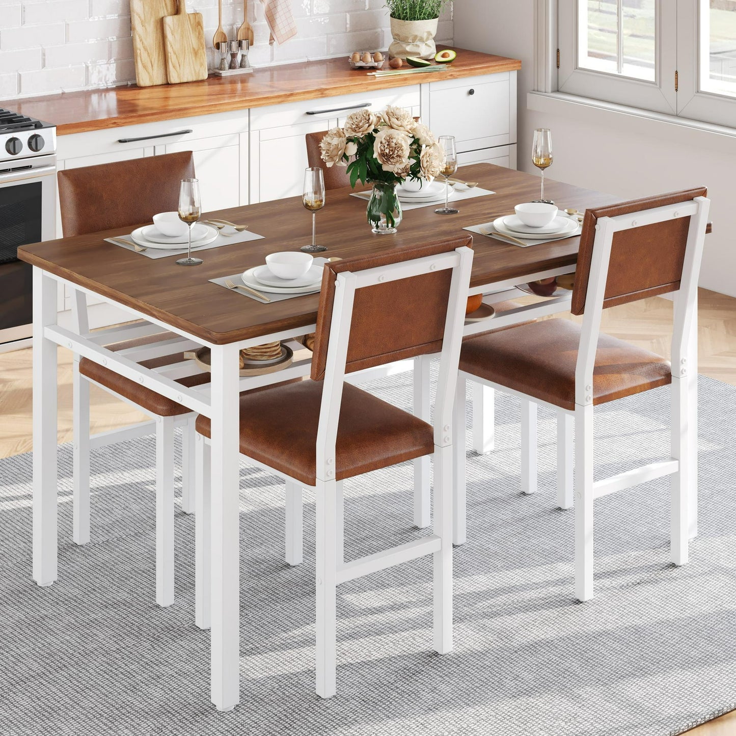 ENYOPRO 5 Pieces Dining Table Set, Modern Kitchen Wood Table and 4 Chairs for Breakfast Small Spaces, Natural and Beige