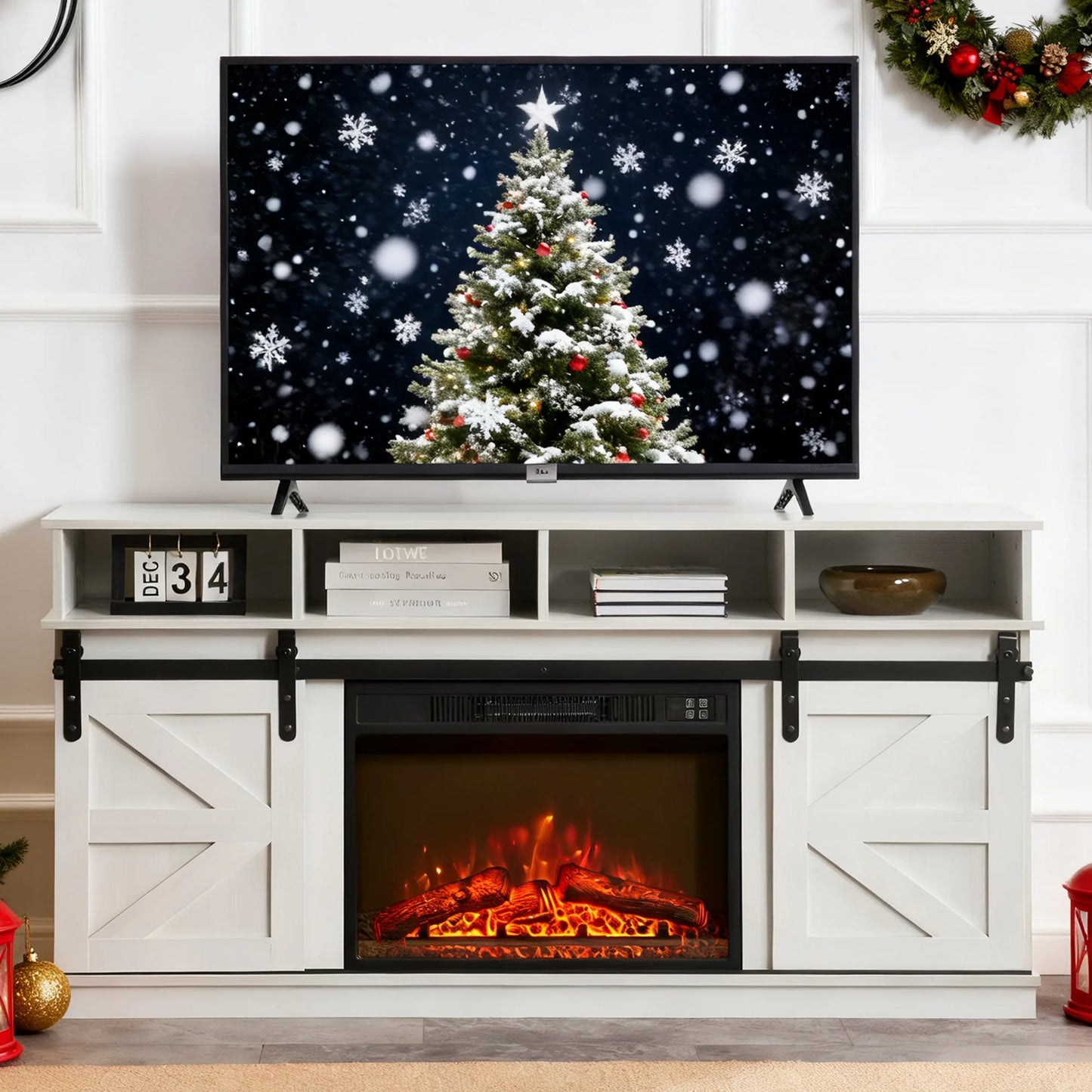 SESSLIFE Fireplace TV Stand with LED Light for 65 Inch TV, TV Console with Electric Fireplace, Console Entertainment Center Television Table for Living Room or Bedroom, White+Brown