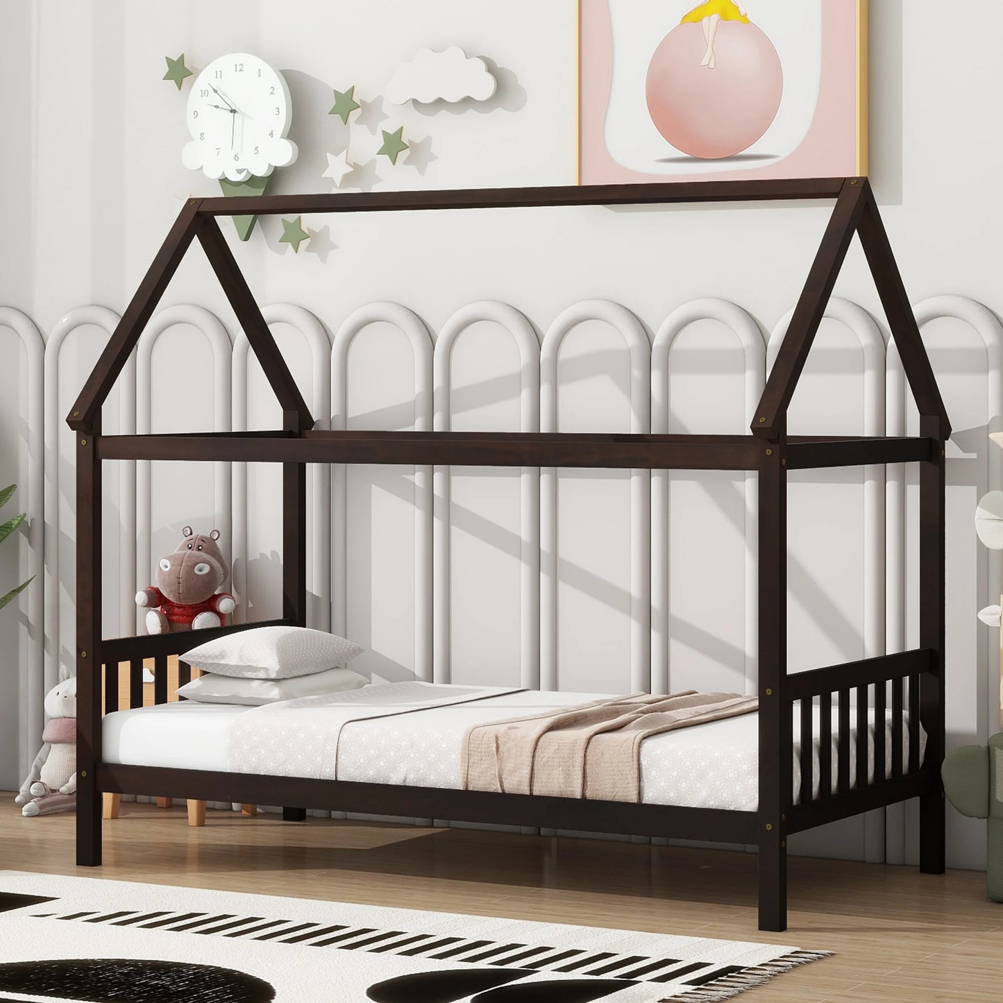 ENYOPRO House Bed with Fence, Wood House Bed, Floor Bed Frame, Twin Canopy Bed for Bedroom, No Box Spring Needed (Gray)