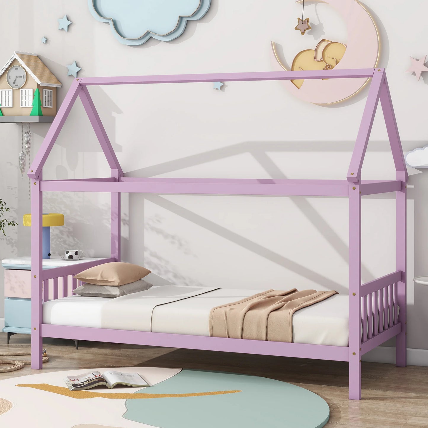 ENYOPRO House Bed with Fence, Wood House Bed, Floor Bed Frame, Twin Canopy Bed for Bedroom, No Box Spring Needed (Gray)