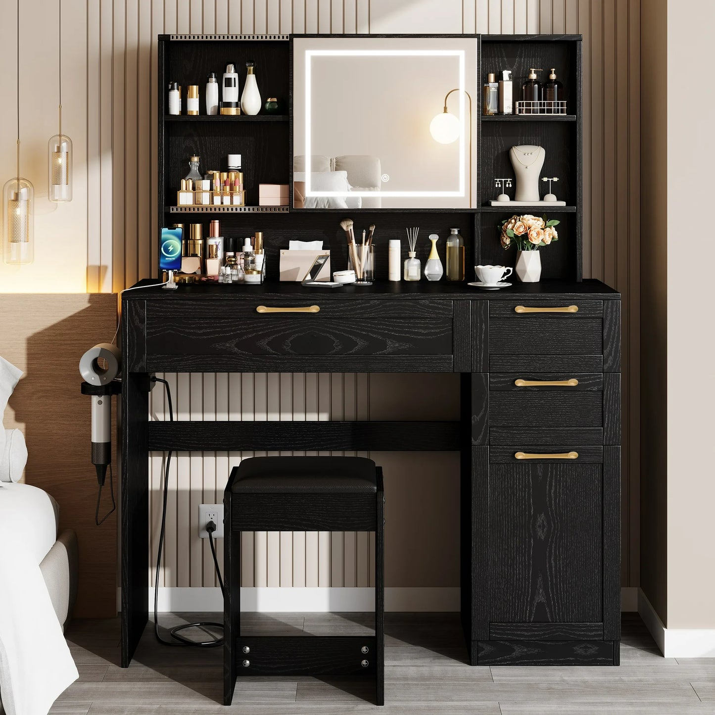Sesslife Vanity Set with LED Sliding Mirror, Makeup Table with 3 Drawers and 1 Storage Cabinet, Modern Makeup Dressing Desk Set for Women Girls with Stool, Charging Station and Hair Dryer Rack, Black
