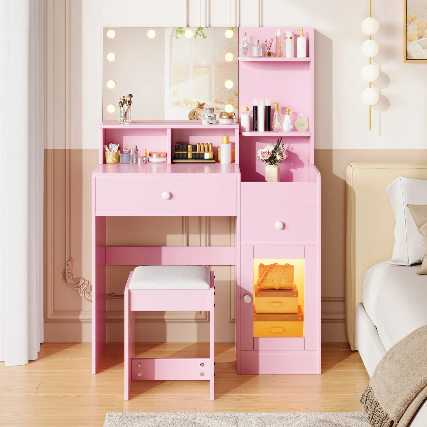 ENYOPRO Makeup Vanity Set with Lighted Mirror, Makeup Dressing Set with LED Cabinet, Pretty Vanity Set for Girls, Women's Gift, Pink