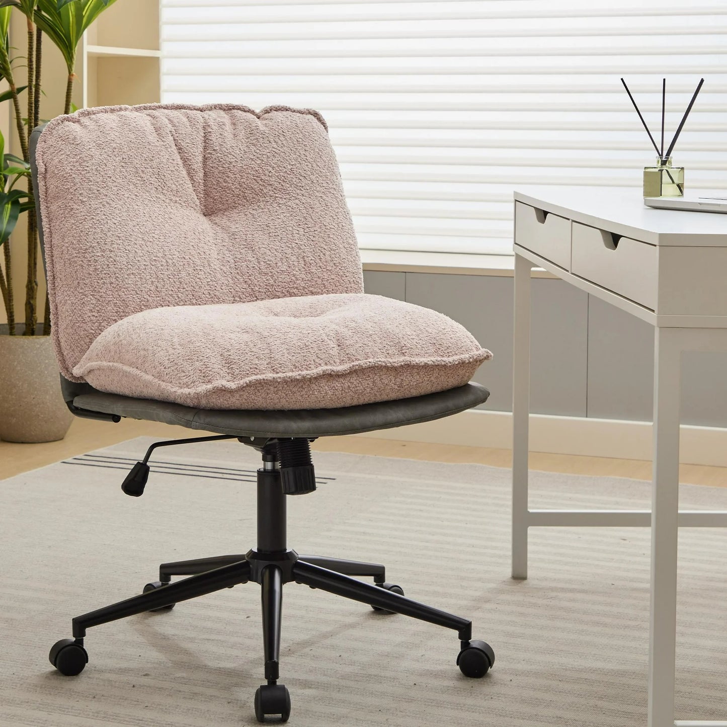 ENYOPRO Office Chair Wide Seat with Adjustable Back, Ergonomic Teddy Desk Chair Vanity Chair with Wheels, Modern Computer Chair for Home Office, Gray+White