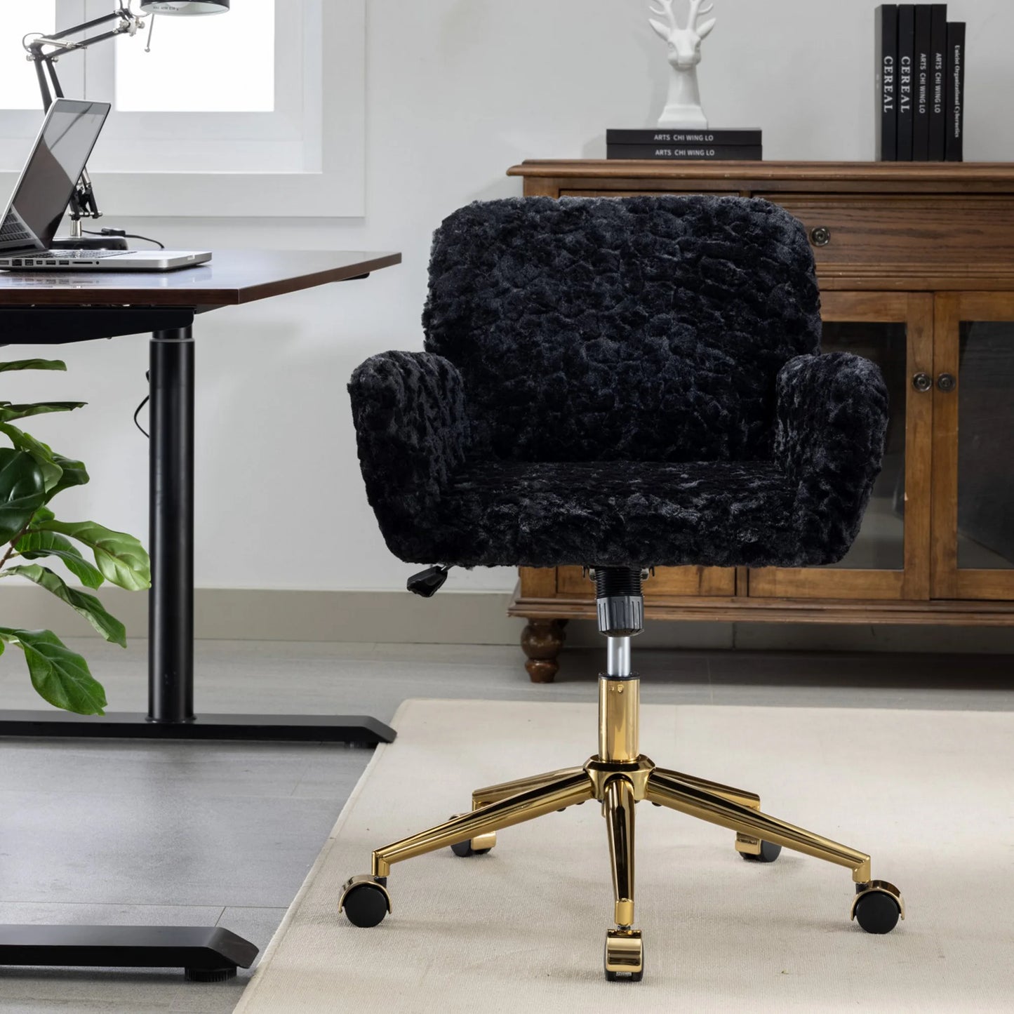 ENYOPRO Office Chair with Chrome Legs, Ergonomic Teddy Desk Chair Vanity Chair with Wheels, Modern Computer Chair for Home Office, White