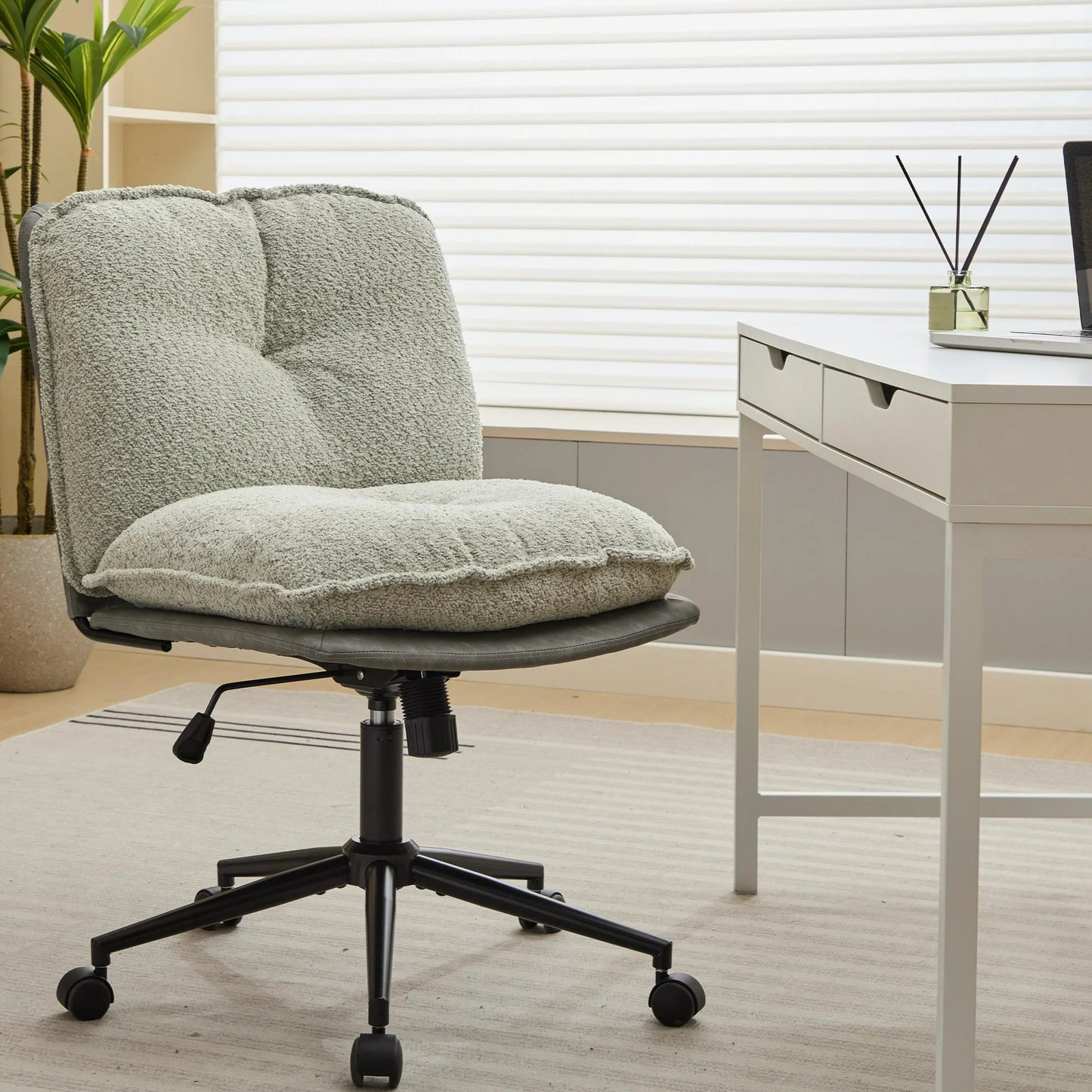 ENYOPRO Office Chair Wide Seat with Adjustable Back, Ergonomic Teddy Desk Chair Vanity Chair with Wheels, Modern Computer Chair for Home Office, Gray+White