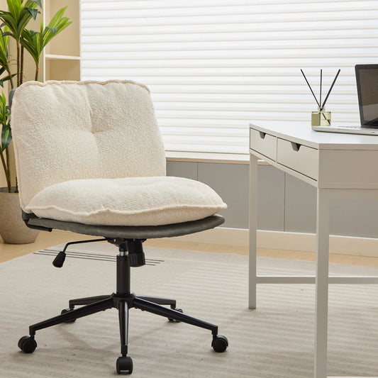 ENYOPRO Office Chair Wide Seat with Adjustable Back, Ergonomic Teddy Desk Chair Vanity Chair with Wheels, Modern Computer Chair for Home Office, Gray+White