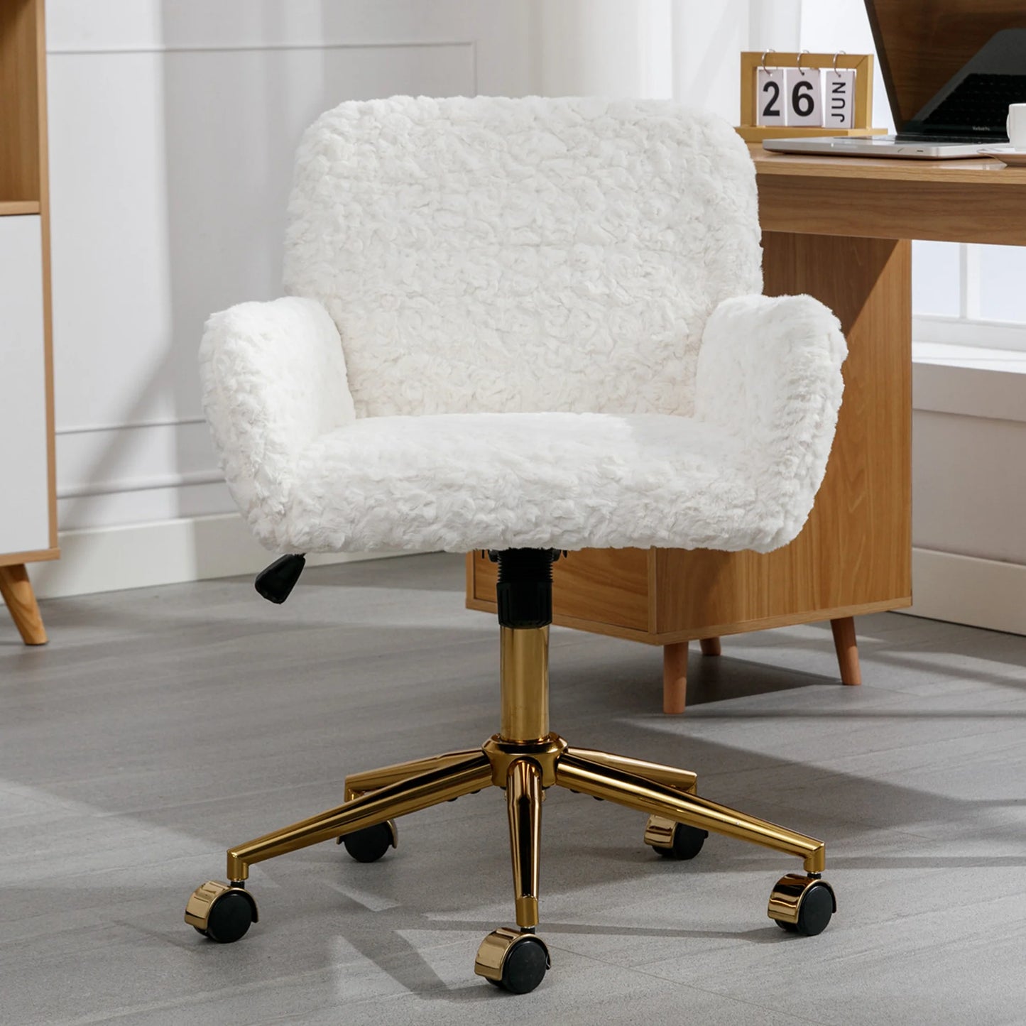 ENYOPRO Office Chair with Chrome Legs, Ergonomic Teddy Desk Chair Vanity Chair with Wheels, Modern Computer Chair for Home Office, White