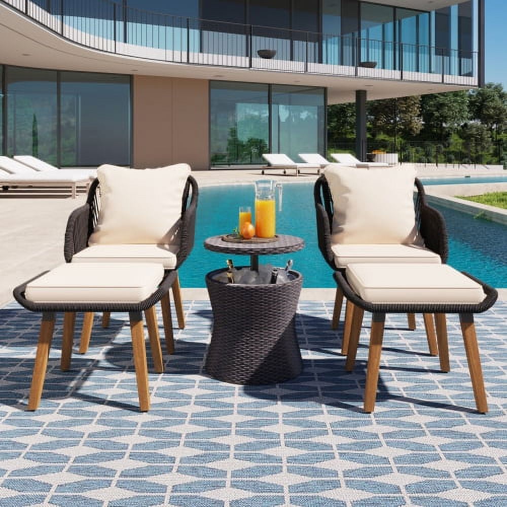 Enyopro 5-Piece Patio Furniture Sets on Sale, with Wicker Cool Bar Table & Ottomans, Acacia Wood Chairs, Outdoor Conversation Set with FSC Certified, Brown