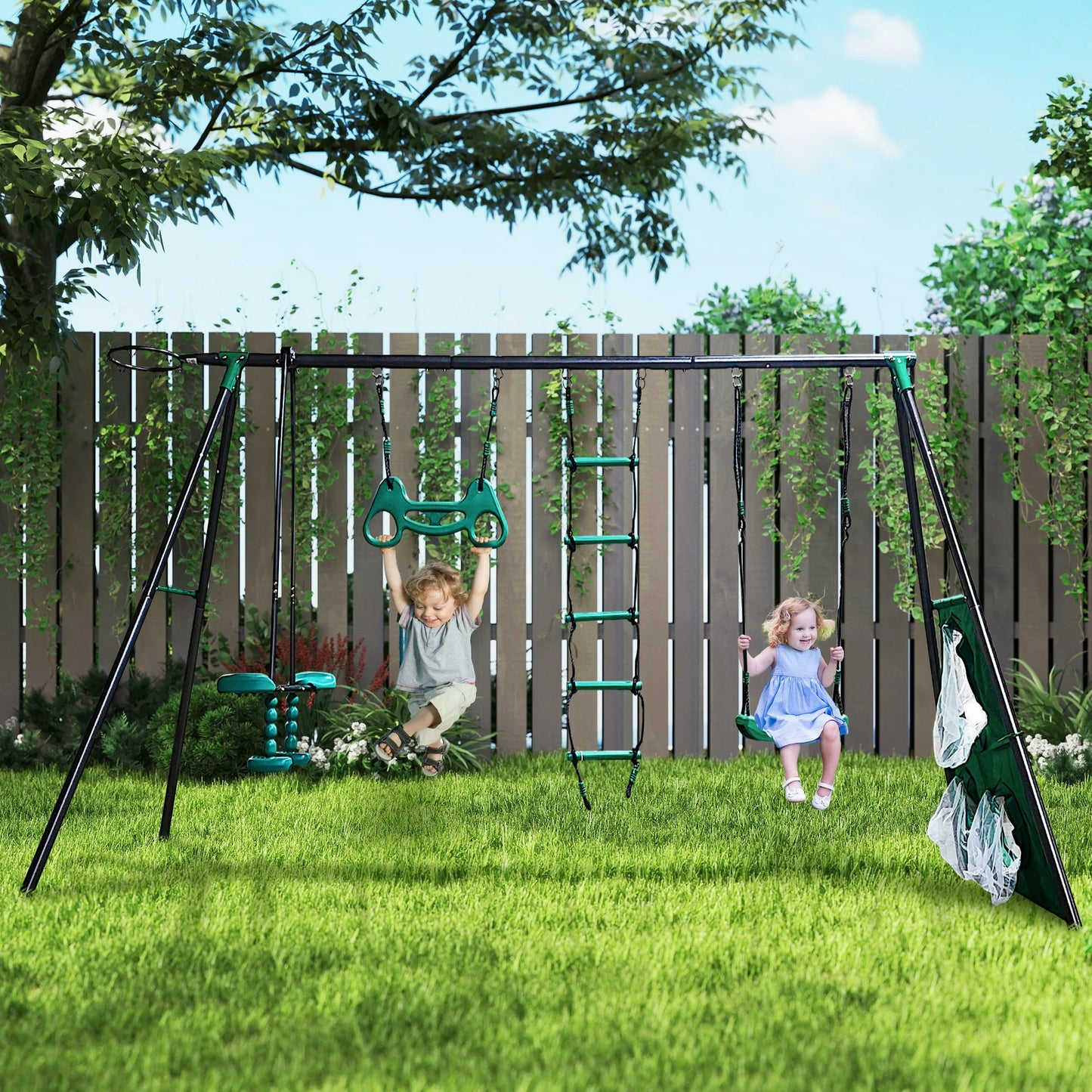 Sesslife 6-in-1 Swing Sets with Climbing Ladder, Face-to-Face Swing, Basketball Hoop, Soccer Net, and Suspended Rings, Outdoor Playground for Kids Ages 3+, Green