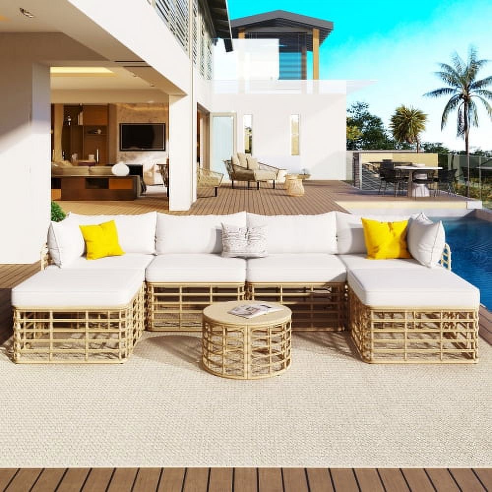 Enyopro 7-Piece Outdoor Patio Furniture Set, All-Weather Rattan Sectional Sofa with Thick Cushions & Pillows, Modular Design for Garden, Backyard, or Balcony, Beige