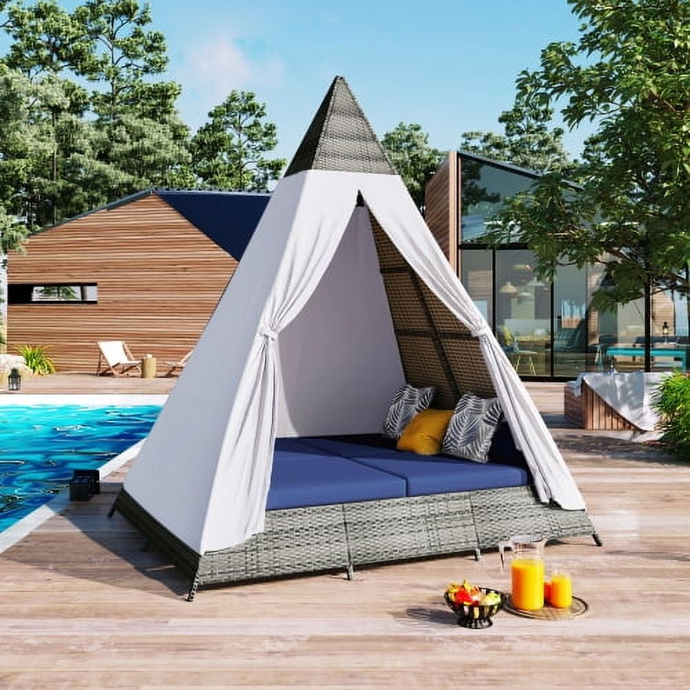 Enyopro 90.5" Outdoor Sunbed with Adjustable Curtains, Colorful Pillows, Wicker Patio Daybed, Tent Shape, Blue & Gray, Waterproof Cushions, 700 lbs Capacity