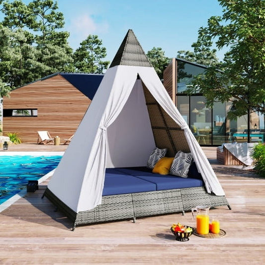 Enyopro 90.5" Outdoor Sunbed with Adjustable Curtains, Colorful Pillows, Wicker Patio Daybed, Tent Shape, Blue & Gray, Waterproof Cushions, 700 lbs Capacity