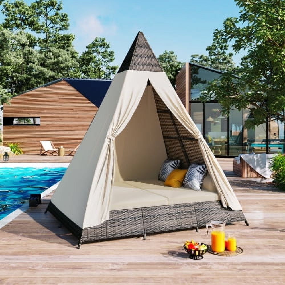 Enyopro 90.5" Outdoor Sunbed with Adjustable Curtains, Colorful Pillows, Wicker Patio Daybed, Tent Shape, Brown & Beige, Waterproof Cushions, 700 lbs Capacity