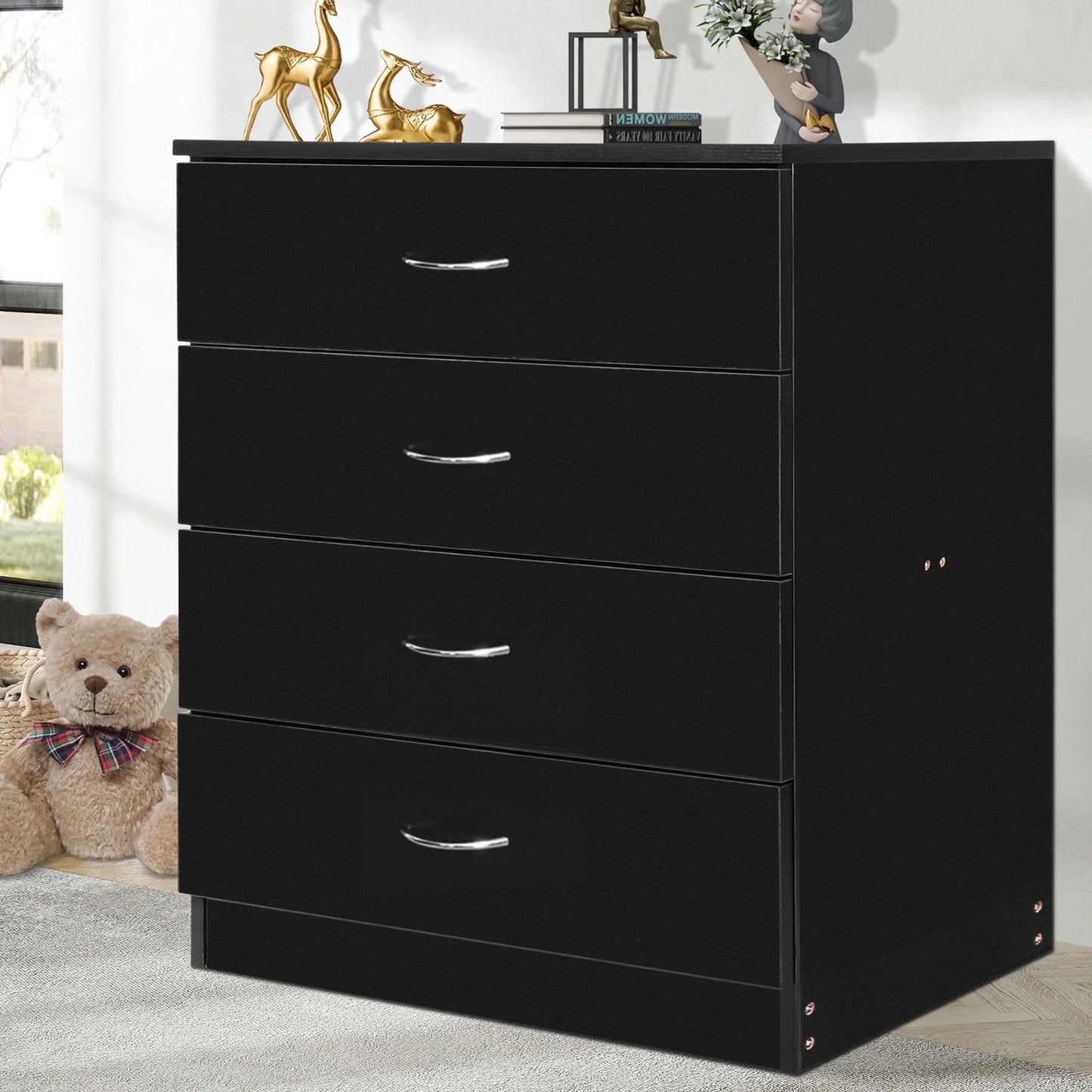 SESSLIFE Bedroom Dresser, 4 Wooden Drawers, Black Dresser for Living Room, Hallway, Wardrobe, 25.98" L x 12.99" W x 28.74" H