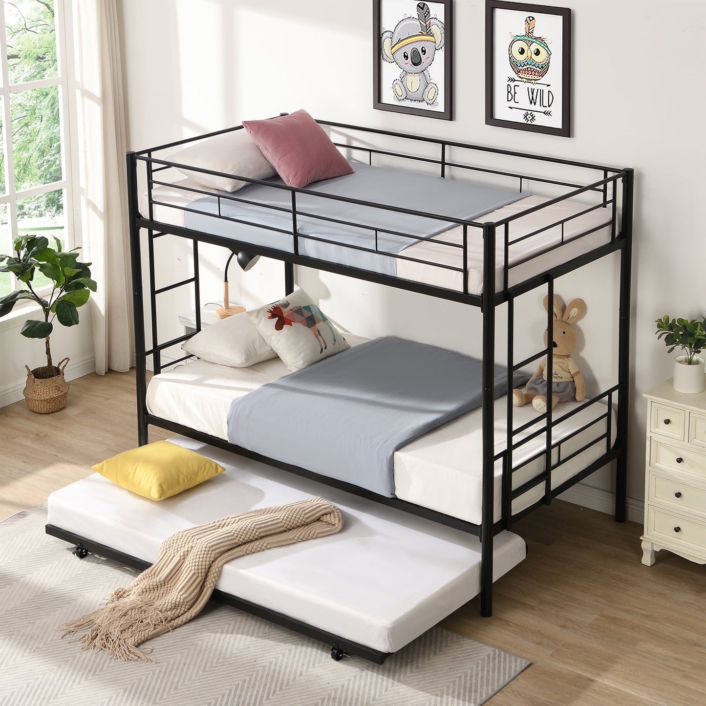 Enyopro Twin Bunk Bed with Trundle, Metal Bed Frame Bunk Beds for Kids Teens Adult with Ladder and Safety Guardrails, Twin over Twin Bunk Bed Can be Split into 3 Twin Bed, TE736