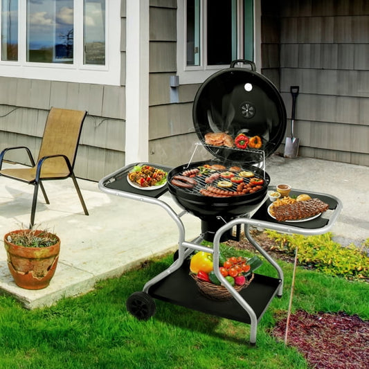 Enyopro versatile Charcoal Grill, with 2 Side Tables, Storage Shelf, Ash Catcher, Thermomenter, Air Vents, for BBQ, patio, Backyard, Pool and Camping