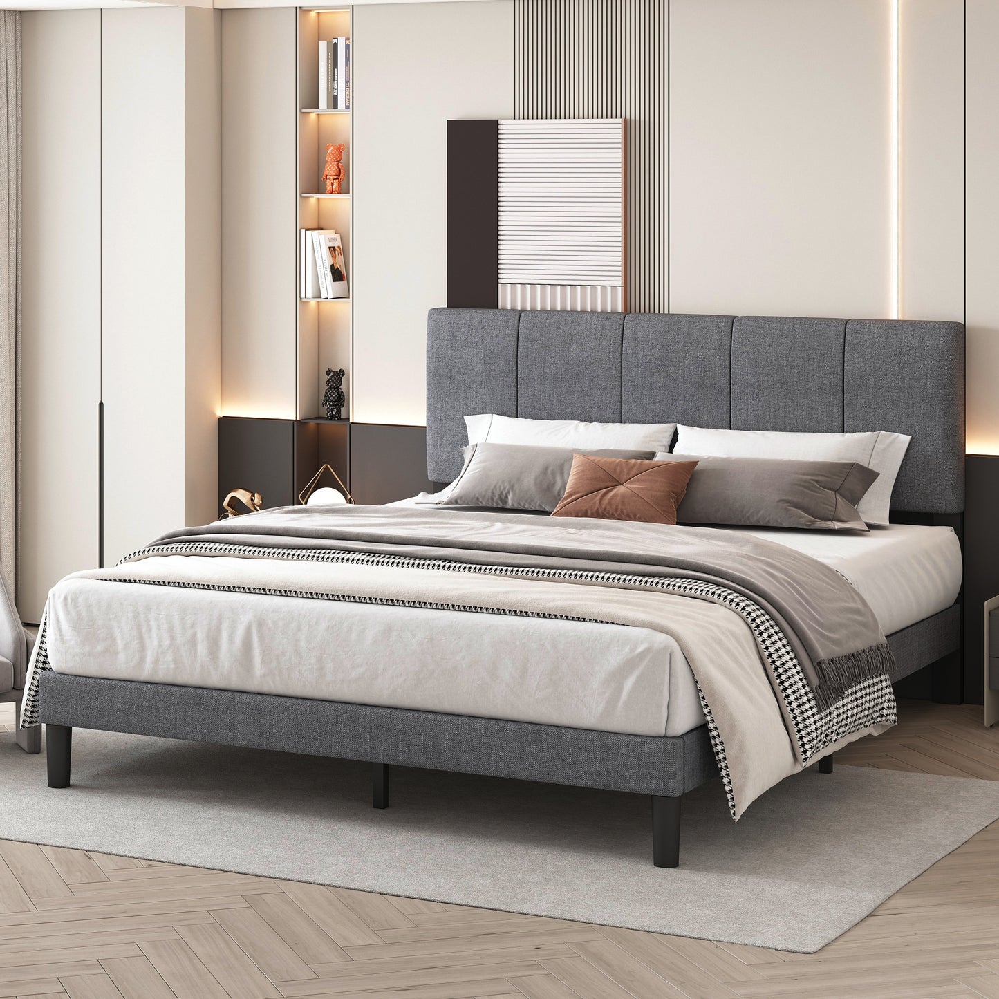 Sesslife Full Bed Frame, Platform Bed Frame Full Size with Modern Fabric Upholstered Headboard and Wooden Slats Support, Bedroom Furniture, No Box Spring Needed, Easy Assembly, Dark Grey