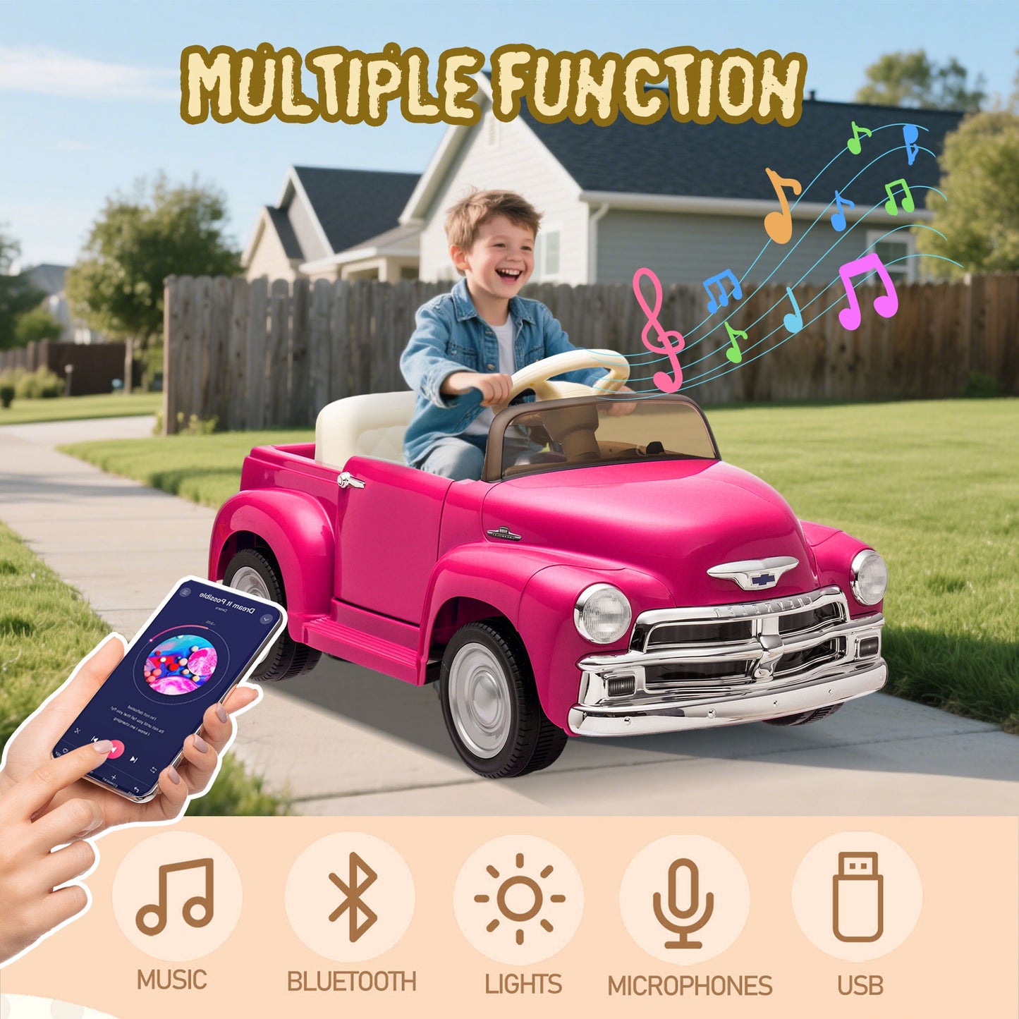 12V Chevrolet 3100 Ride On Truck Car for Kids with Remote Control, Vintage Electric Car for Boys Girls with LED Lights, USB, Bluetooth, Music, Battery Powered Kids Electric Vehicle, Ages 3+ (Pink)