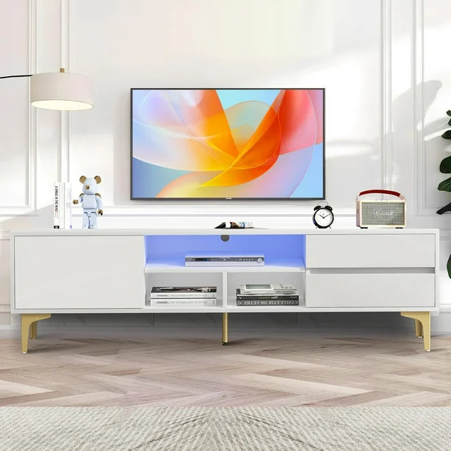 SESSLIFE TV Console Table for 70 Inch TV, Large Television Stand with RGB LED Lights, Farmhouse Wood Entertainment Center， TV Cabinet with 2 Drawers, TV Cabinet for Living Room, Bedroom