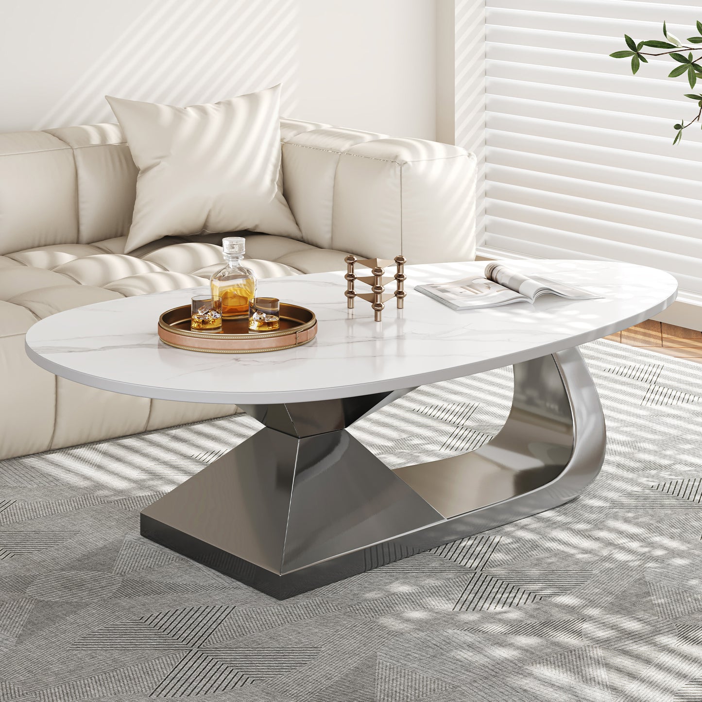 SESSLIFE Modern Coffee Table with Sintered Stone Top and Stainless Steel Base, Elegant Oval Design for Living Room, Scratch-Resistant and Heatproof, Gold