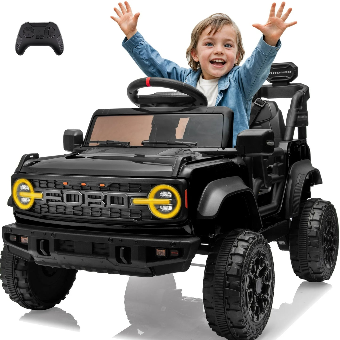 Ford Bronco Raptor Powered Ride on Truck, 12V Powered Kids Ride on Toy Cars with Remote Control, Bluetooth, LED, MP3, Safety Belt, 4 Wheelers, Electric Car for Kids Girls 3-5 Gift, Black