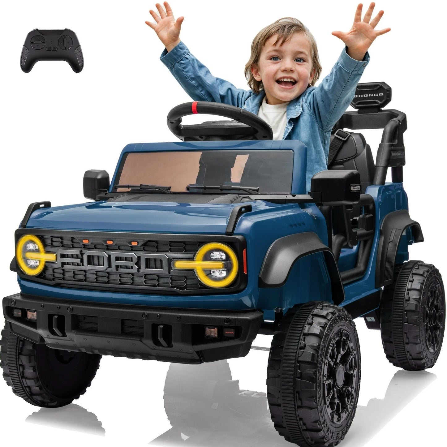 Ford Bronco Raptor Powered Ride on Truck, 12V Powered Kids Ride on Toy Cars with Remote Control, Bluetooth, LED, MP3, Safety Belt, 4 Wheelers, Electric Car for Kids Girls 3-5 Gift, Black