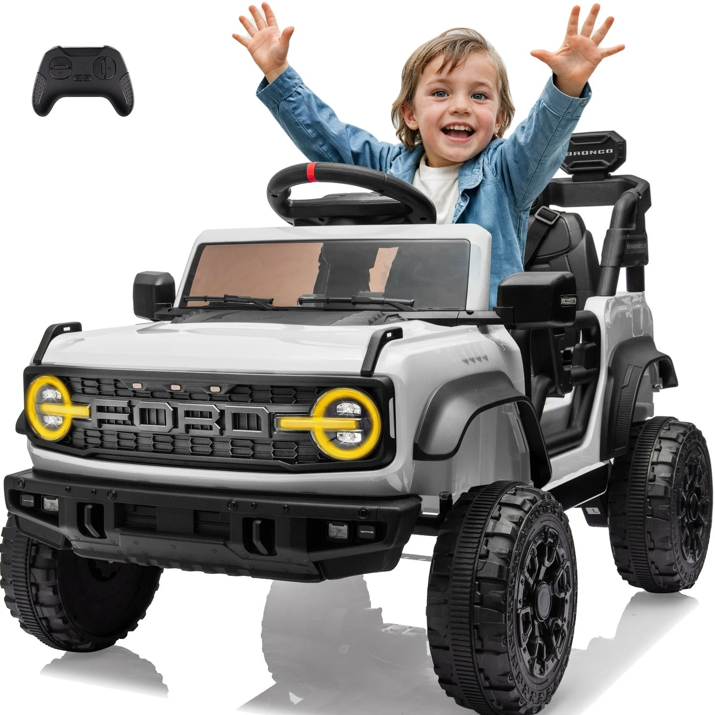 Ford Bronco Raptor Powered Ride on Truck, 12V Powered Kids Ride on Toy Cars with Remote Control, Bluetooth, LED, MP3, Safety Belt, 4 Wheelers, Electric Car for Kids Girls 3-5 Gift, Black