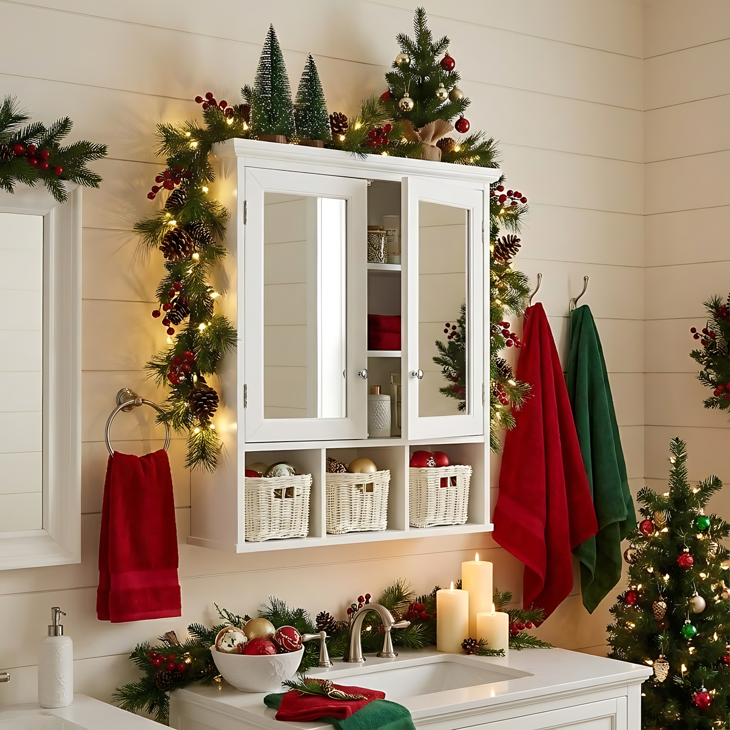 SESSLIFE Bathroom Storage Cabinet with Mirror, Tall Cabinet with Doors and Adjustable Shelves, Wall Mounted Medicine Cabinet with 3 Christmas Baskets, White