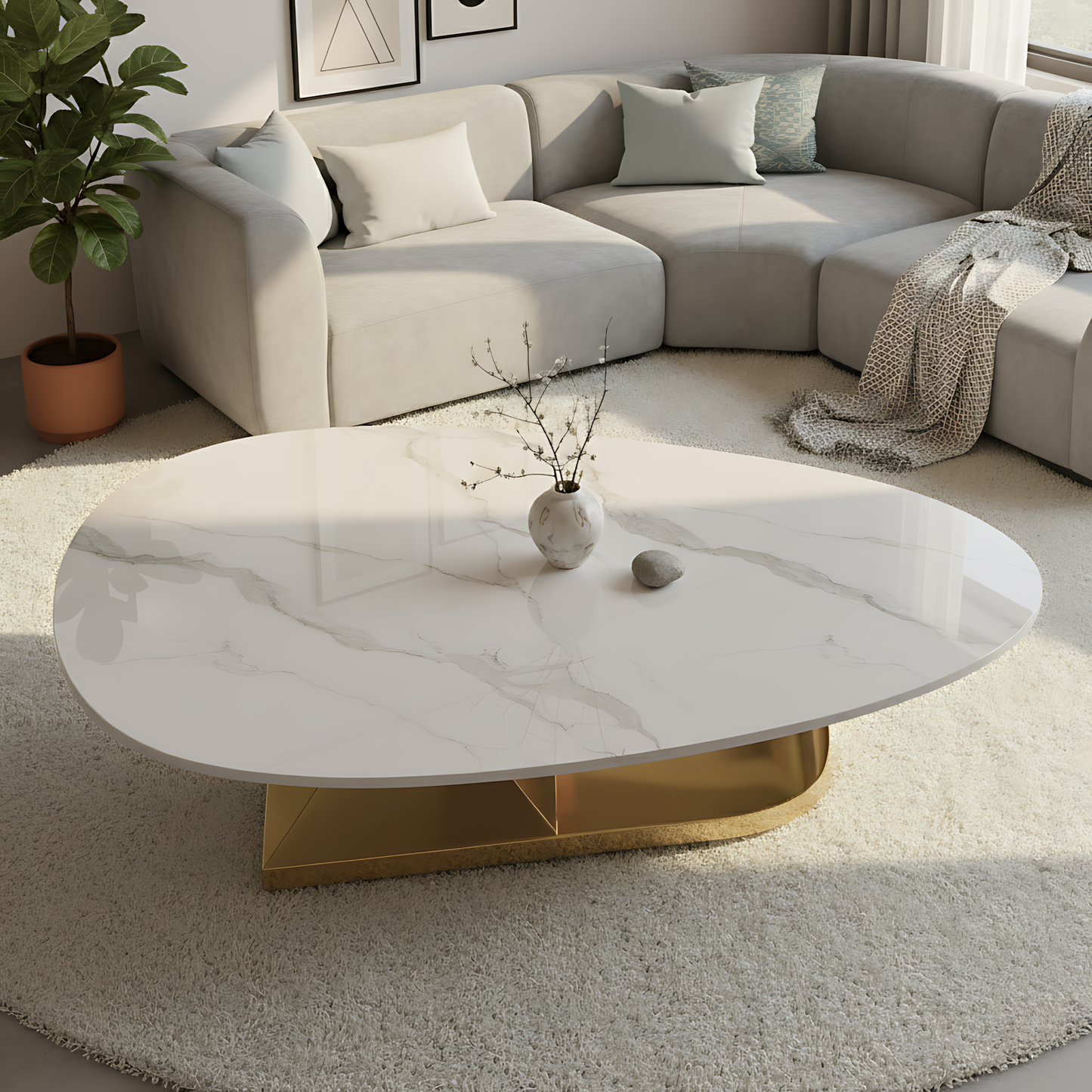 SESSLIFE Modern Coffee Table with Sintered Stone Top and Stainless Steel Base, Elegant Oval Design for Living Room, Scratch-Resistant and Heatproof, Gold
