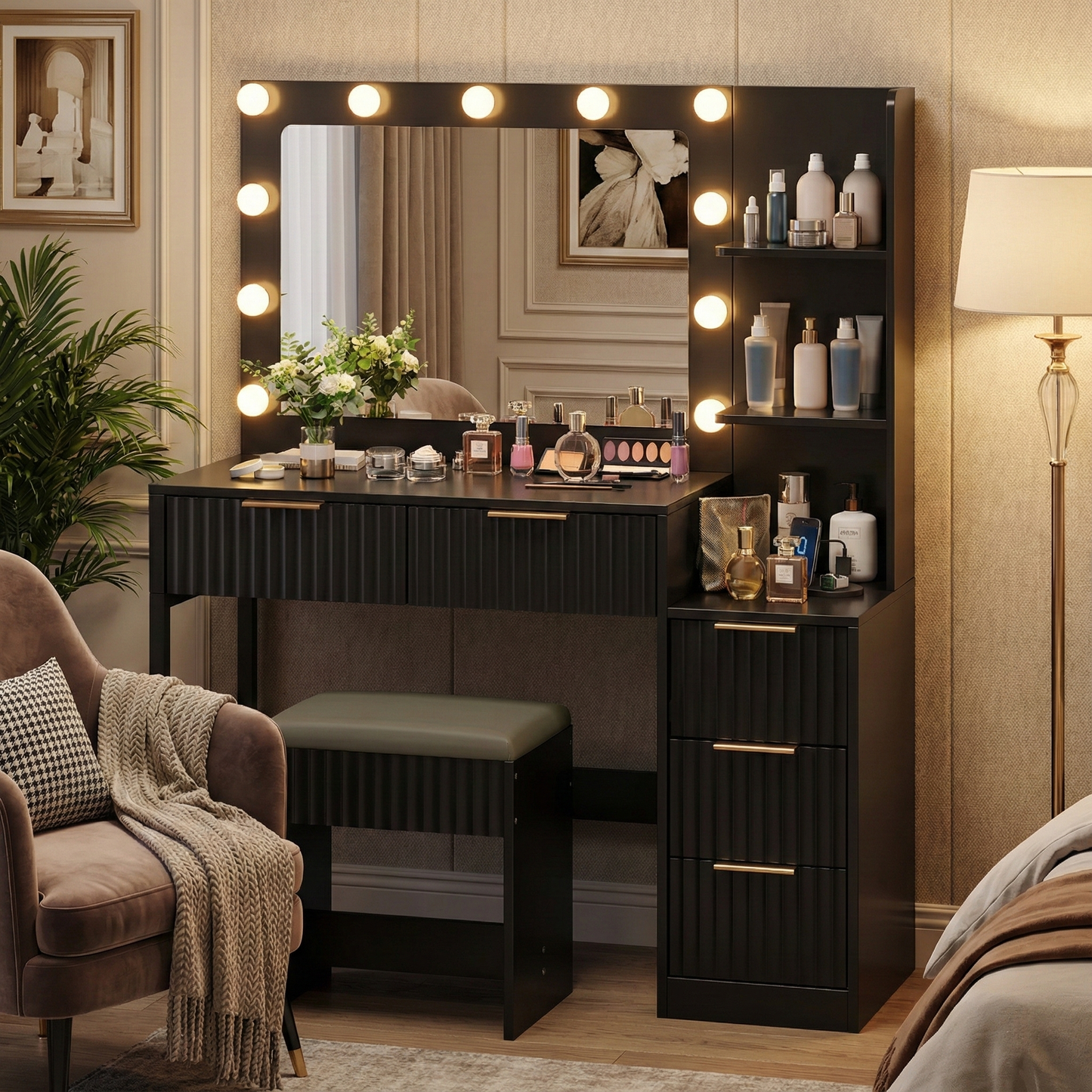 SESSLIFE Professional Lighted Vanity Desk with Mirror and Power Station, Space-Saving 5-Drawer Dressing Table, Adjustable 3-Color LED Makeup Vanity, Black