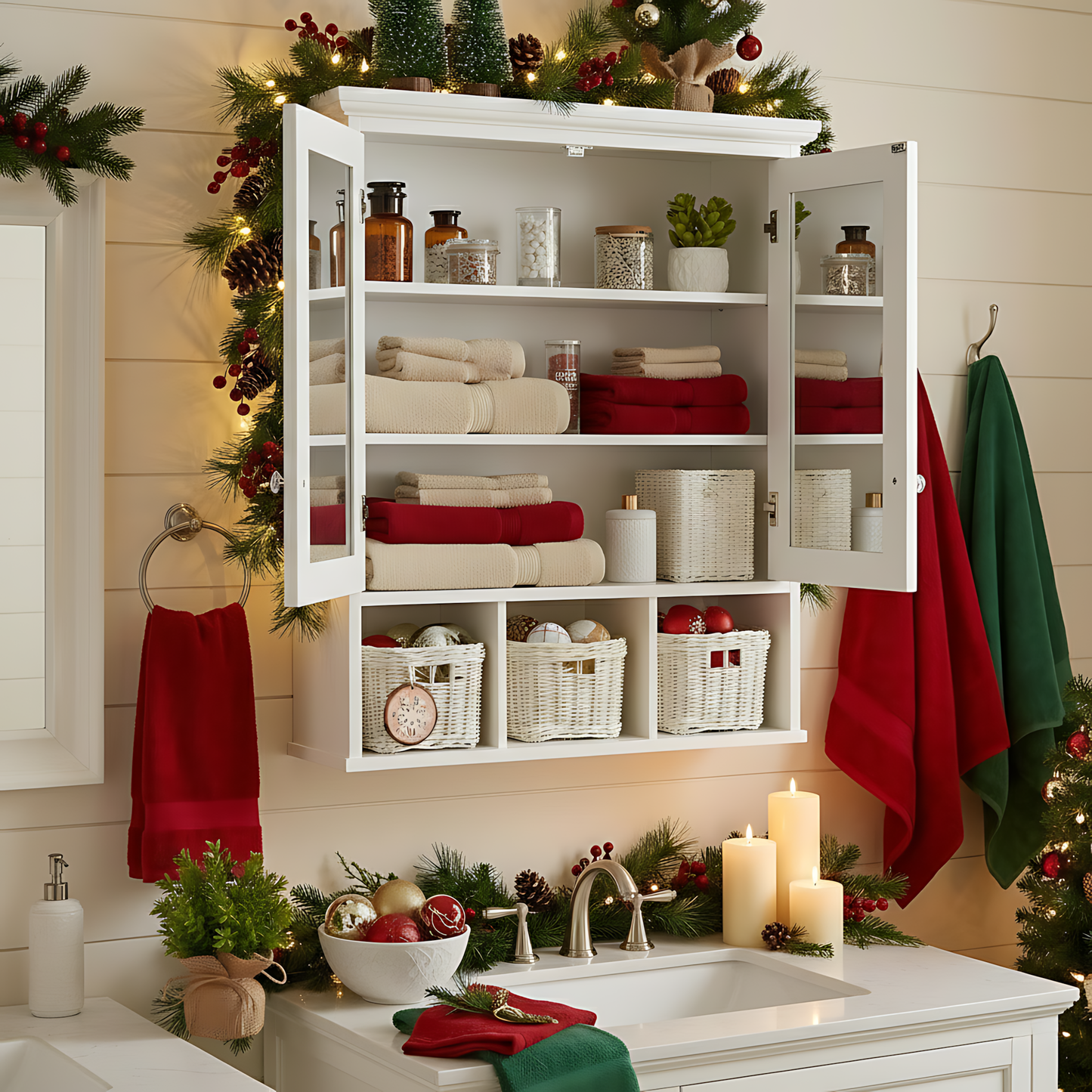 SESSLIFE Bathroom Storage Cabinet with Mirror, Tall Cabinet with Doors and Adjustable Shelves, Wall Mounted Medicine Cabinet with 3 Christmas Baskets, White