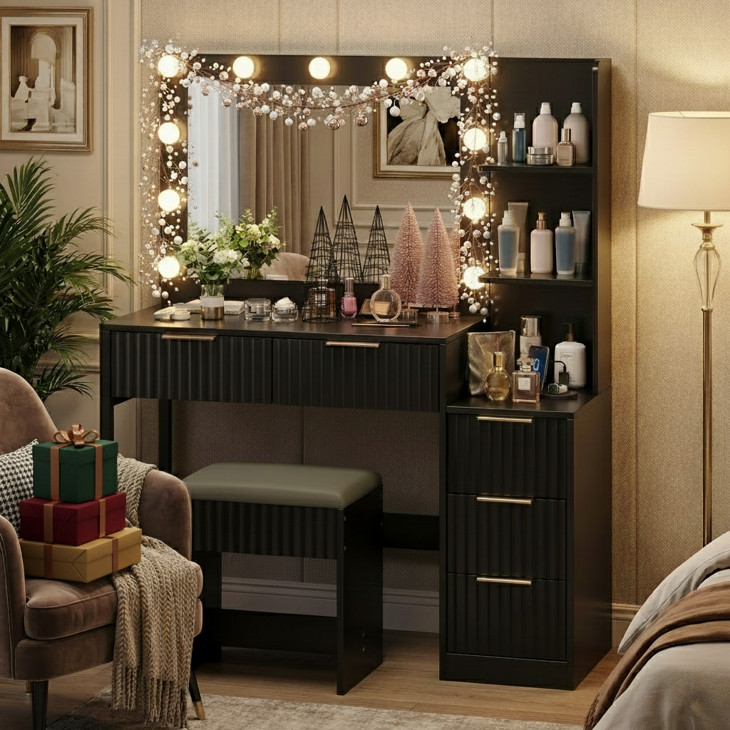 SESSLIFE Professional Lighted Vanity Desk with Mirror and Power Station, Space-Saving 5-Drawer Dressing Table, Adjustable 3-Color LED Makeup Vanity, Black