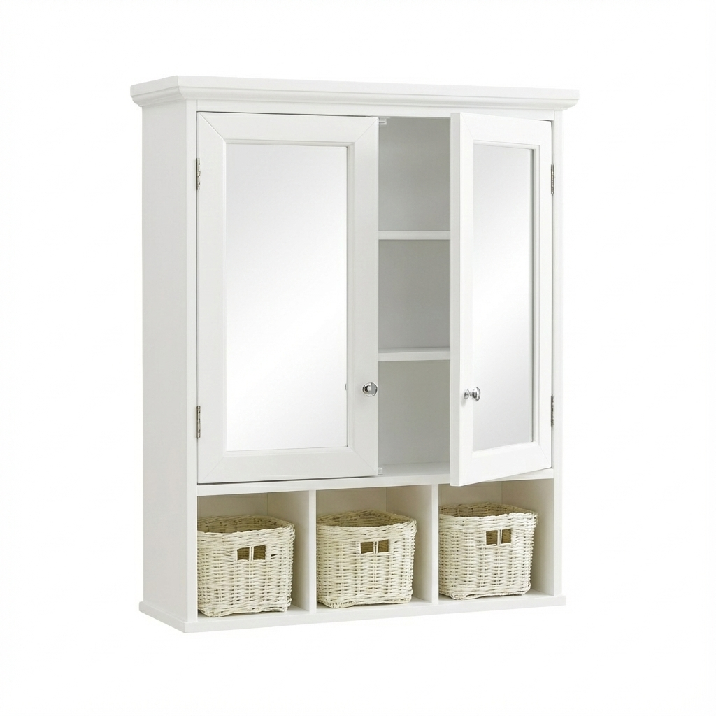 SESSLIFE Bathroom Storage Cabinet with Mirror, Tall Cabinet with Doors and Adjustable Shelves, Wall Mounted Medicine Cabinet with 3 Christmas Baskets, White