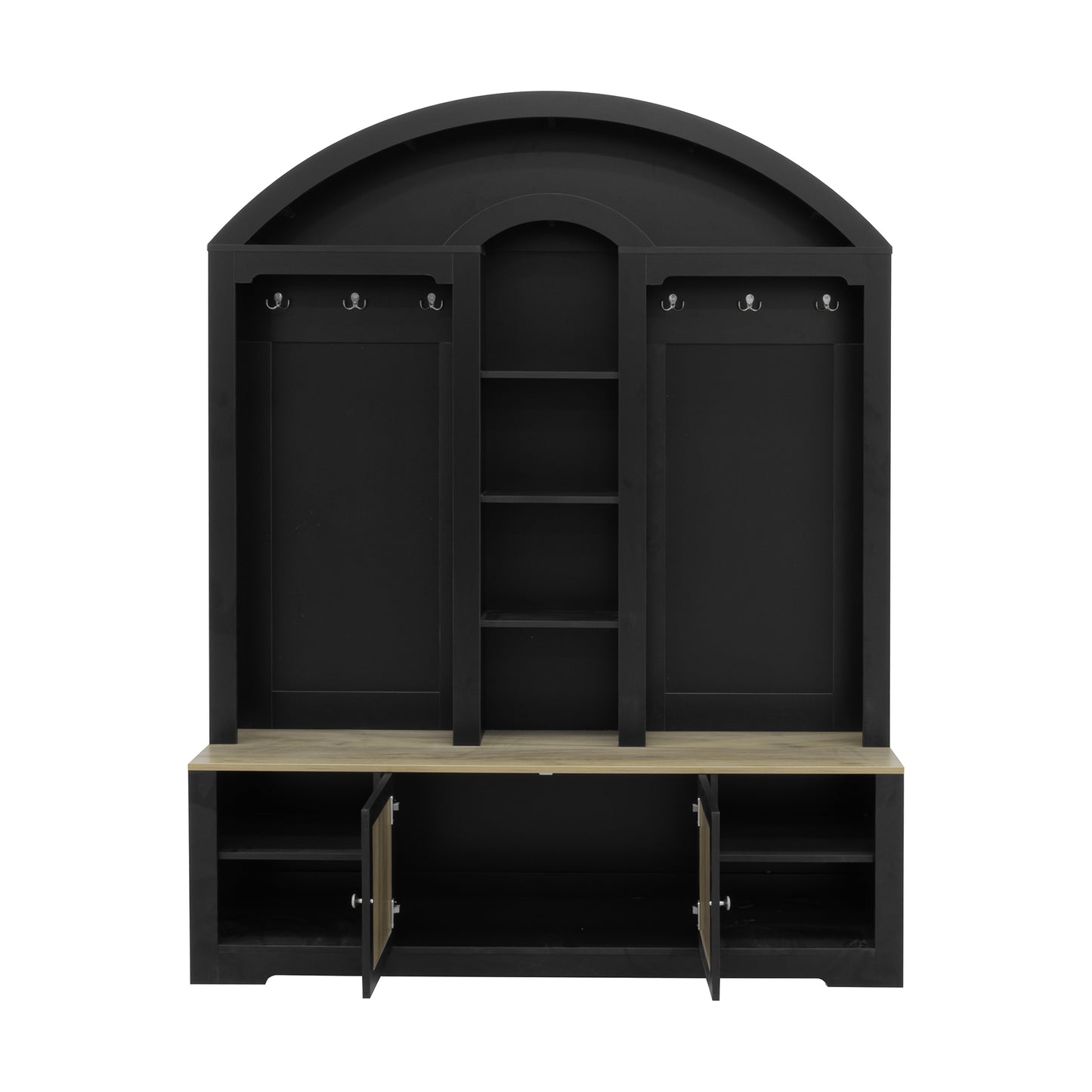 SESSLIFE Entryway Wardrobe with Shoe Storage, 59” Hall Tree with Hanging Rod and Hooks, Curved Entryway Storage Cabinet with LED Light, Black