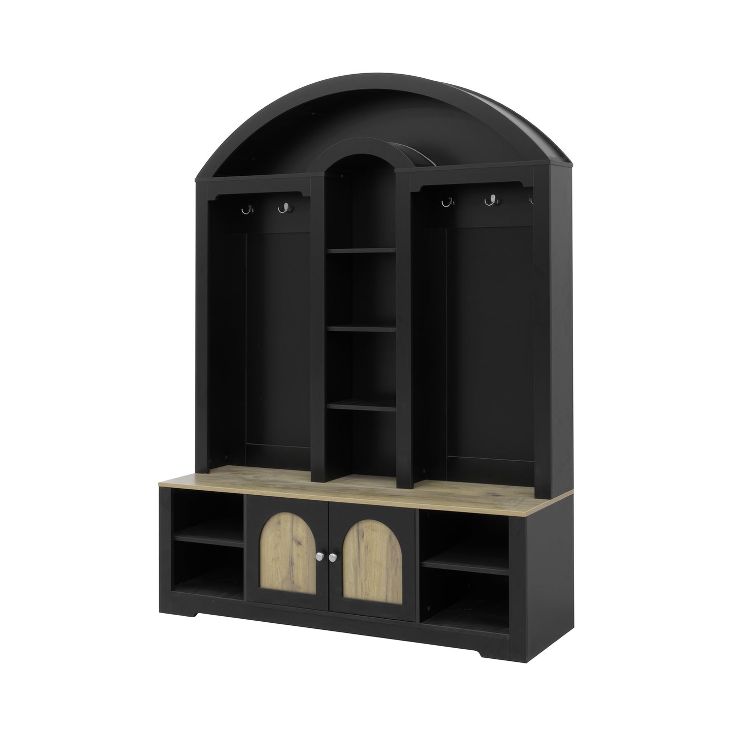 SESSLIFE Entryway Wardrobe with Shoe Storage, 59” Hall Tree with Hanging Rod and Hooks, Curved Entryway Storage Cabinet with LED Light, Black