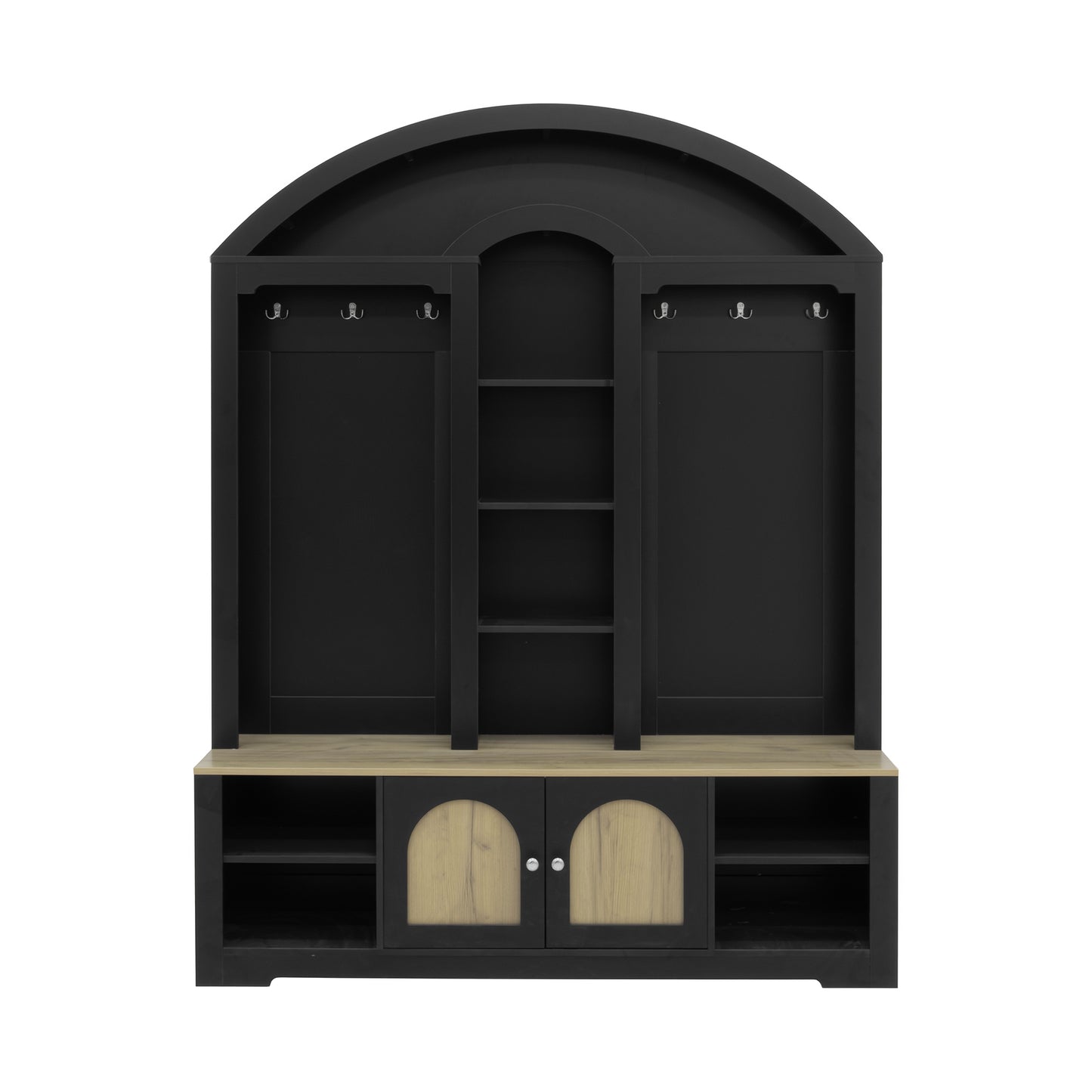 SESSLIFE Entryway Wardrobe with Shoe Storage, 59” Hall Tree with Hanging Rod and Hooks, Curved Entryway Storage Cabinet with LED Light, Black