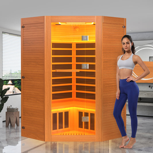 2100W Indoor Sauna, Far Infrared Sauna Low EMF for 2-3 Person, Canadian Hemlock Corner Sauna Room with Bluetooth Speaker, Colored LED Light, Control Panel, Pre-Warm Up for Home, Bathroom
