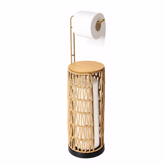 SESSLIFE Standalone Toilet Paper Holder with Shelf, Handmade Woven Toilet Paper Holder for 4 Rolls, Toilet Paper Storage for Phones and Small Items, Bathroom Tissue Holder