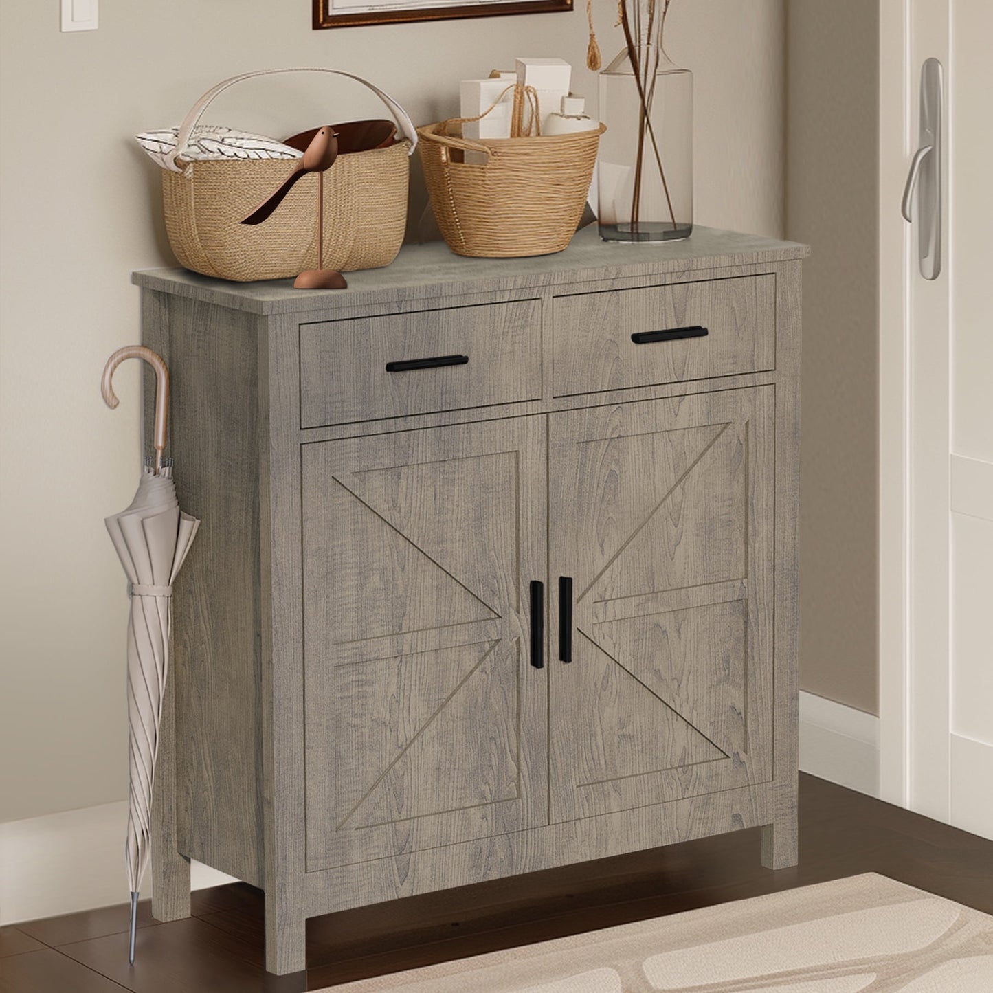 Kitchen Sideboard Buffet Cabinet, Wooden Buffet Cabinet Credenza Coffee Bar with 2 Drawers & 2 Doors, Gray Wood Sideboard for Living Room, Entryway, Corridor, JA3981