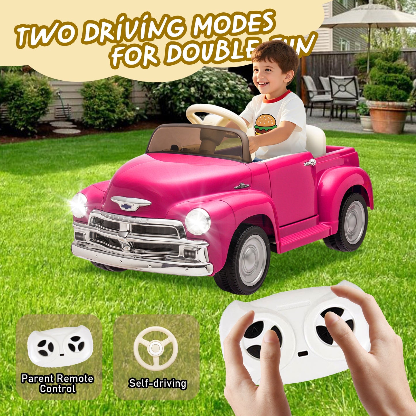 12V Chevrolet 3100 Ride On Truck Car for Kids with Remote Control, Vintage Electric Car for Boys Girls with LED Lights, USB, Bluetooth, Music, Battery Powered Kids Electric Vehicle, Ages 3+ (Pink)