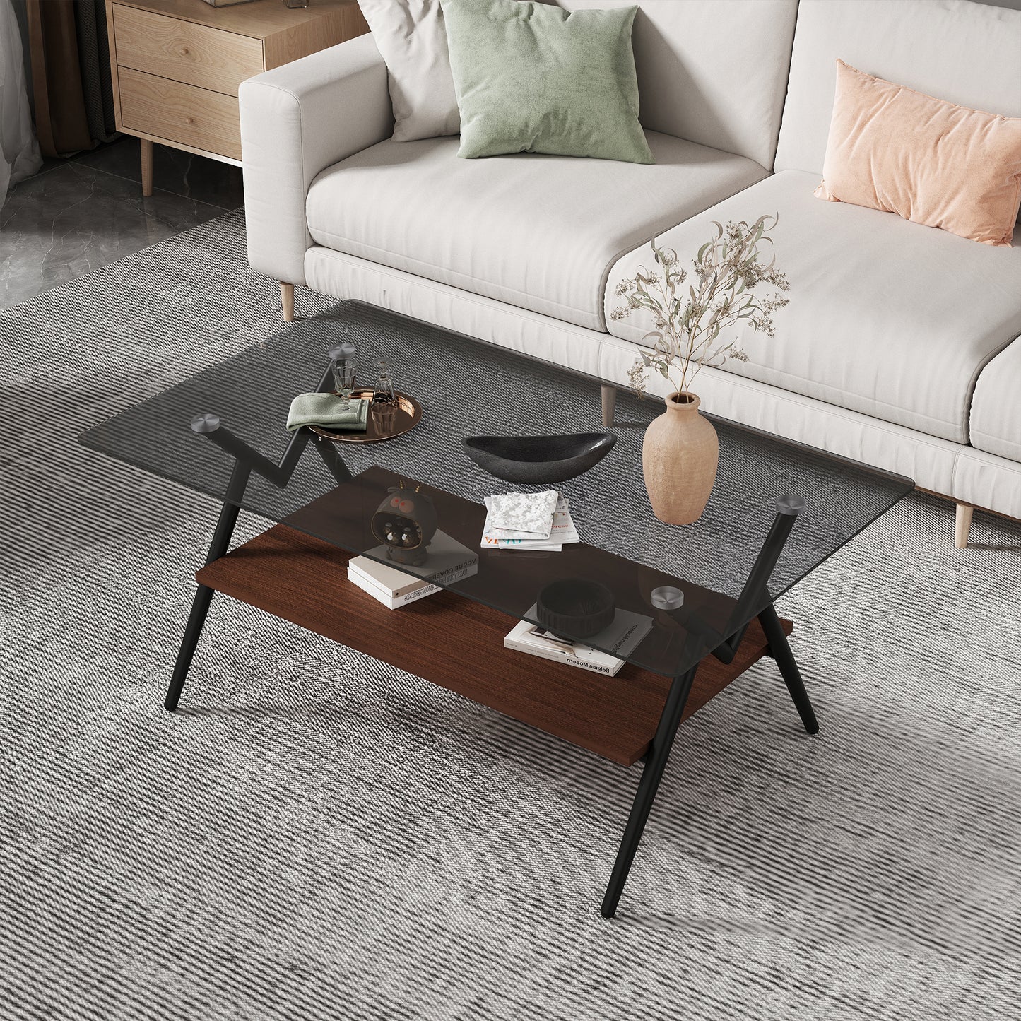 SESSLIFE Modern Coffee Table for Living Room with Tempered Glass Top, Rectangle Side Table with Brown Storage Shelf, Sturdy Metal Legs, Gray Glass Design, Easy Assembly, 38.6"