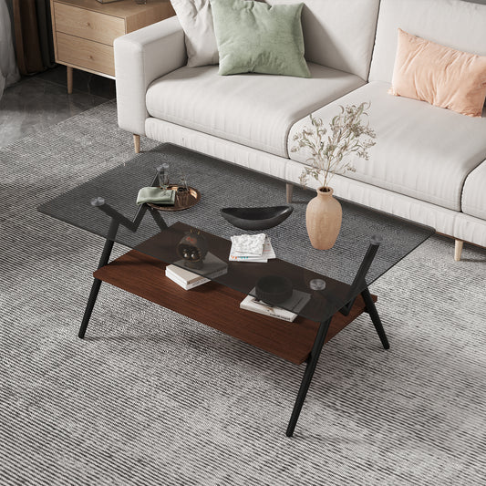 SESSLIFE Modern Coffee Table for Living Room with Tempered Glass Top, Rectangle Side Table with Brown Storage Shelf, Sturdy Metal Legs, Gray Glass Design, Easy Assembly, 38.6"