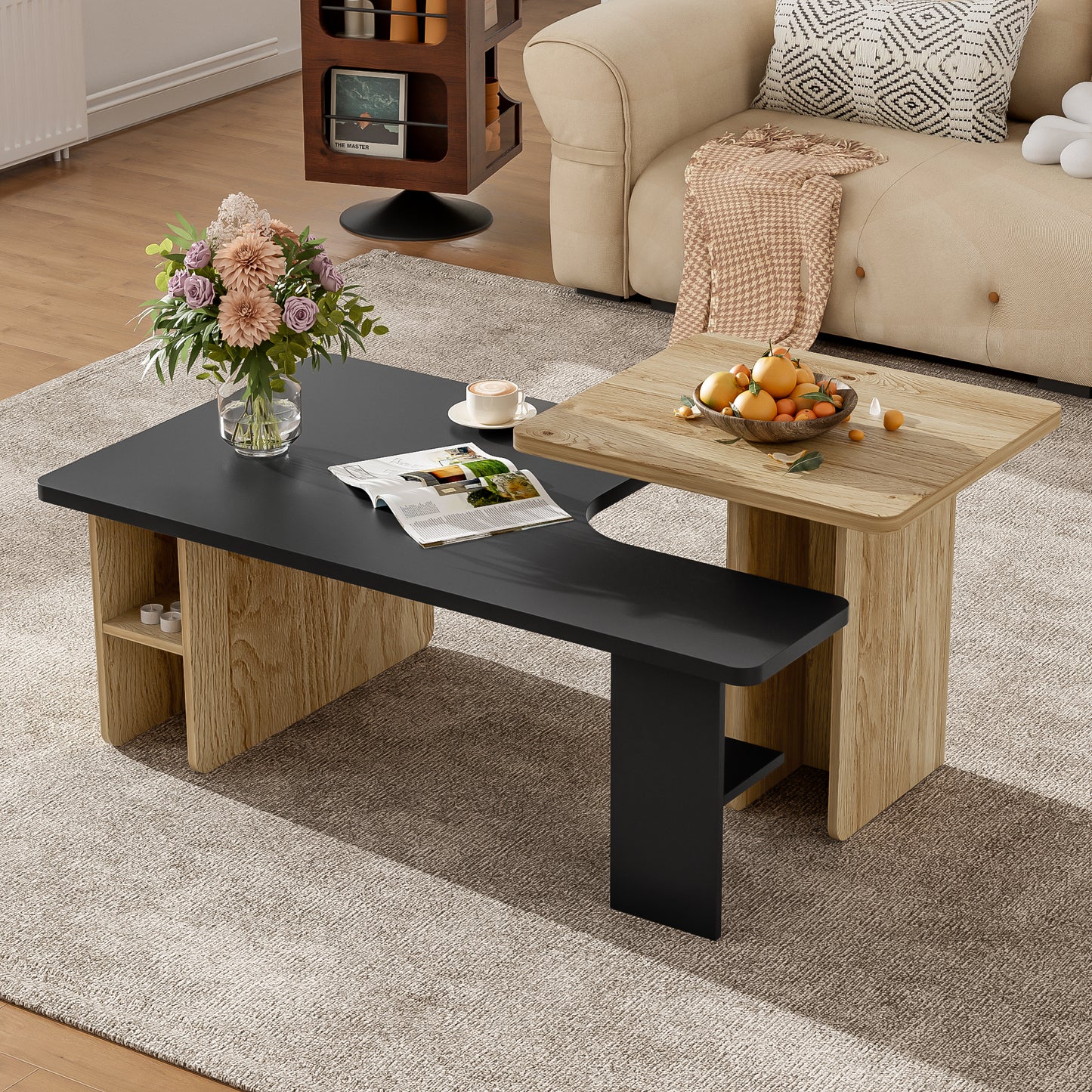 Coffee Table Set of 2 Nesting Tables Farmhouse White, Wood Finish Living Room Tables with Rounded Corners, Space-Saving Small Coffee Tables for Modern Homes, Black