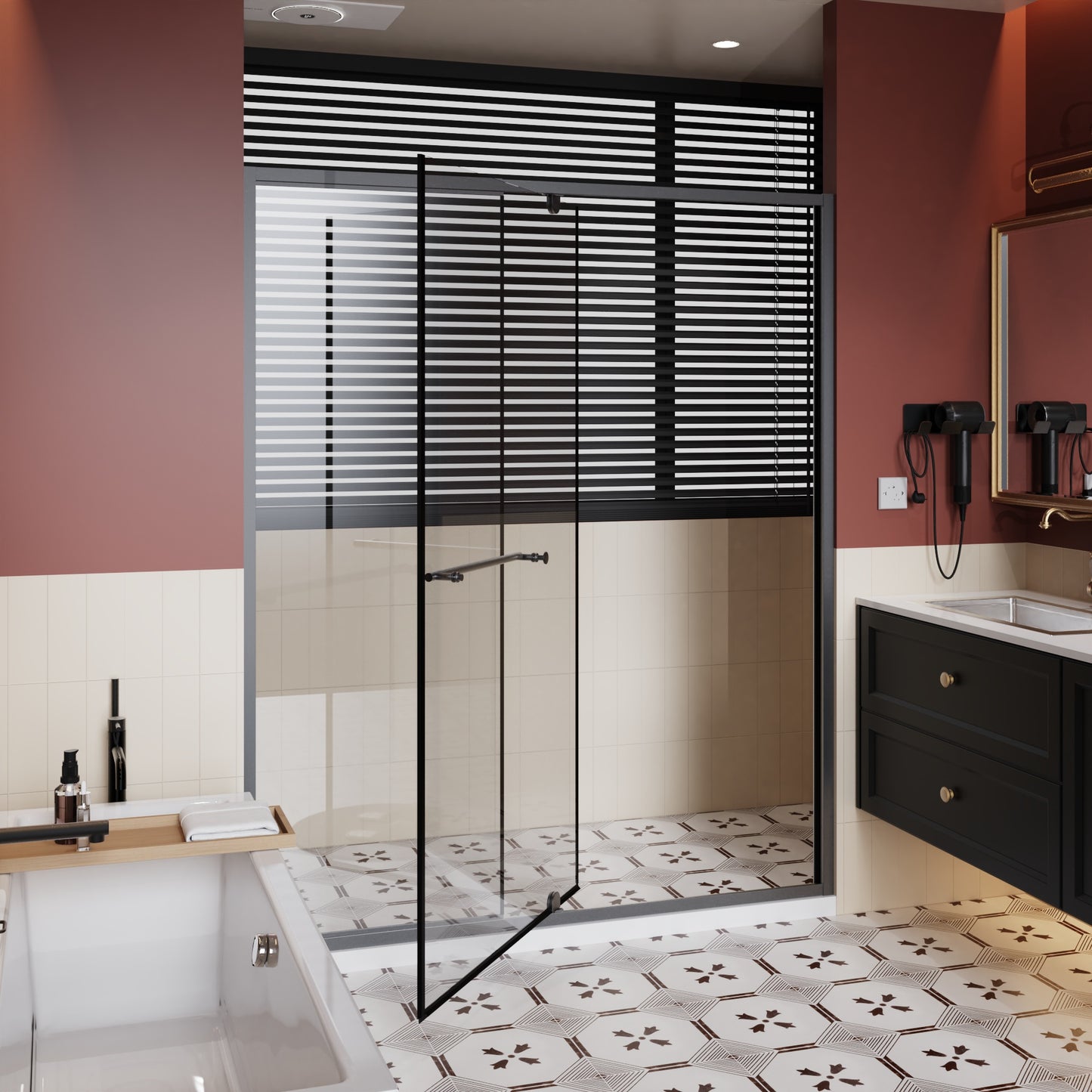 SESSLIFE 60x72" Modern Pivot Shower Door, 1/4" Thick Clear Tempered Glass with Bilateral Adjustment for Shower Use, Stainless Steel Handle and High-Strength Framework, Matt Black