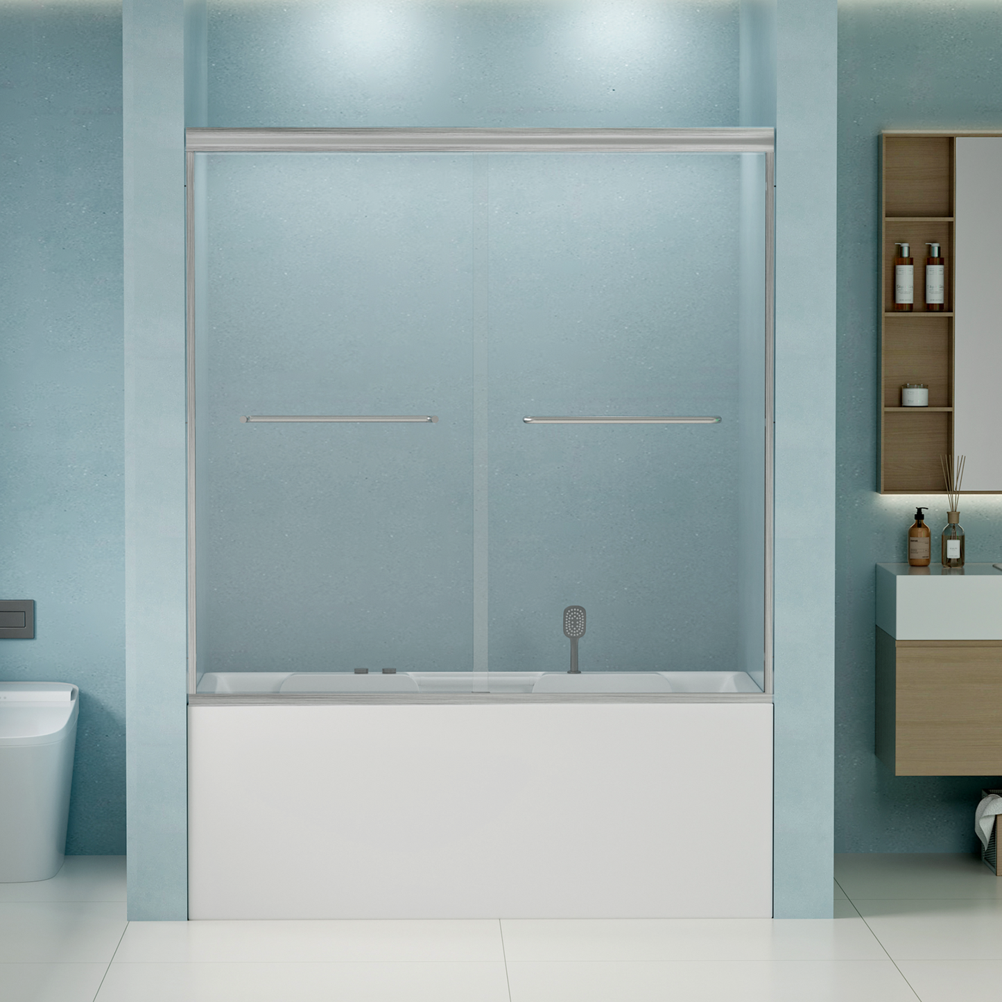 SESSLIFE Sliding Shower Door, Modern Semi-Frameless Style with Explosion-Proof Film and Anti-Leak Design, 56-60"W Adjustable Width with Certified Safety Glass, Brushed Nickel