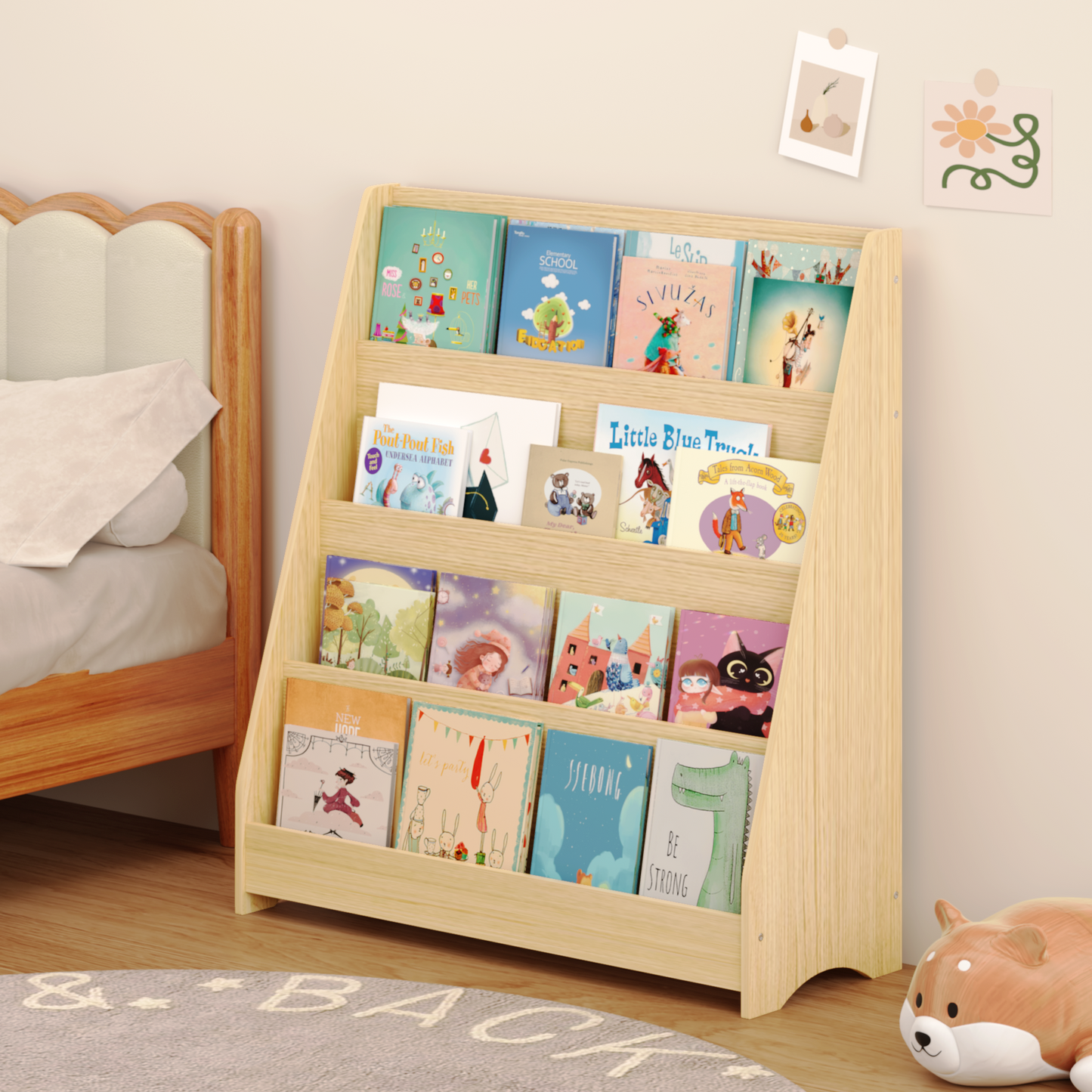 4-Tier Book Display Bookshelf, Open Front Book Storage Organizer for Bedroom Playroom Nursery Classroom, Natural