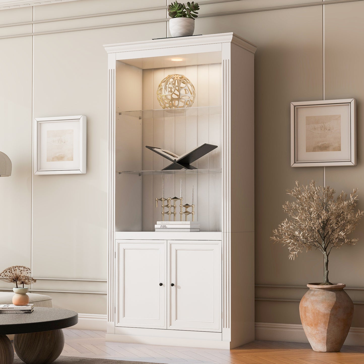 SESSLIFE Tall Display Cabinet with LED Ceiling Light, Farmhouse Glass Door Bookcase with Adjustable Shelves, Freestanding Curio Storage Cabinet for Living Room, Home Office
